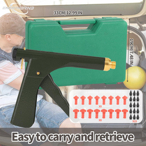 Tubeless Tire Repair Kit With Mushroom Plugs And Patch Kit for quick flat fix, shown with carrying case and tools.