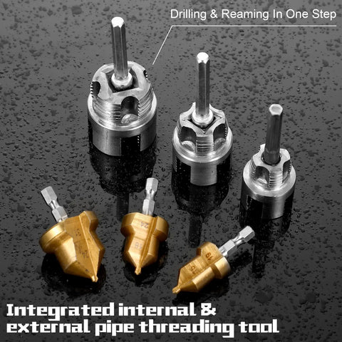 Integrated Internal And External Pipe Threading And Reaming Tool Kit For PVC Pipes With Electric Drill Style on wet surface