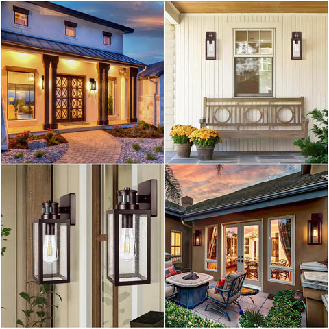 Outdoor Wall Lantern With Motion Sensor For Dusk To Dawn Auto Brightness Waterproof Anti Rust Sconce With Seeded Glass Wall Mount Porch Light seen on house entryways and patio.