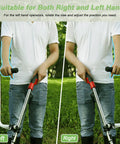 Ergonomic Weedeater Handle Extension for String Trimmer in use, showing left and right hand positions, 17.7-inch aluminum handle.