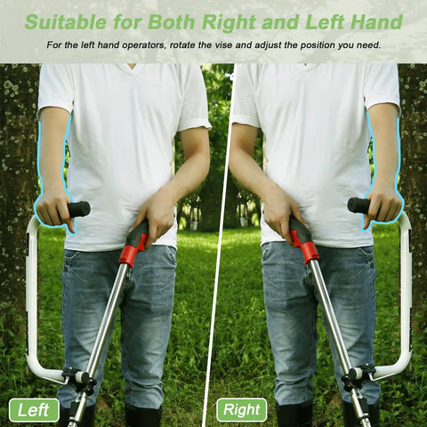 Ergonomic Weedeater Handle Extension for String Trimmer in use, showing left and right hand positions, 17.7-inch aluminum handle.