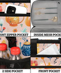 Insulated Picnic Backpack With Built In Lunch Box For Women And Men showing pockets and compartments with floral design.