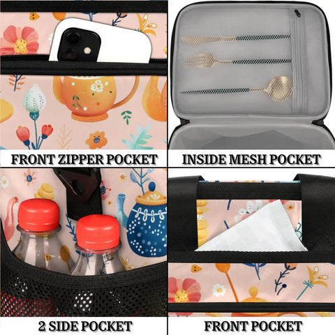 Insulated Picnic Backpack With Built In Lunch Box For Women And Men showing pockets and compartments with floral design.