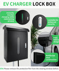 Outdoor EV Charger Lock Box Hella Secure Storage Enclosure Featuring A Crystal Clear Viewable Window For Tesla Wall Connectors and Universal Electric Vehicle Plugs Weatherproof Dope Cover Bottom Cable Access Door Simple Install For Your Daily Driver showing lockable design and waterproof features.