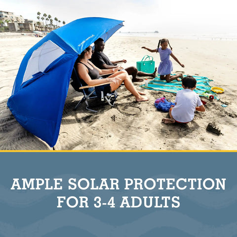 Beach scene with family under UPF 50 Plus Go-To Sun And Rain Canopy Umbrella For Beach, Sports, And Camping - 8-Foot Outdoor Shelter 