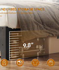 Underbed storage space showcasing 9.8 inches clearance in Sturdy Full Size Rattan Bed Frame Featuring Boho Woven Metal Headboard.