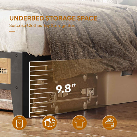 Underbed storage space showcasing 9.8 inches clearance in Sturdy Full Size Rattan Bed Frame Featuring Boho Woven Metal Headboard.