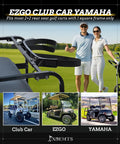 Heavy Duty Golf Cart Bag Holder Upgraded Rear Seat Bracket For One Inch Square Frame, shown with EZGO Club Car and Yamaha carts.