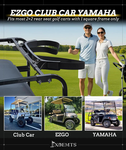 Heavy Duty Golf Cart Bag Holder Upgraded Rear Seat Bracket For One Inch Square Frame, shown with EZGO Club Car and Yamaha carts.
