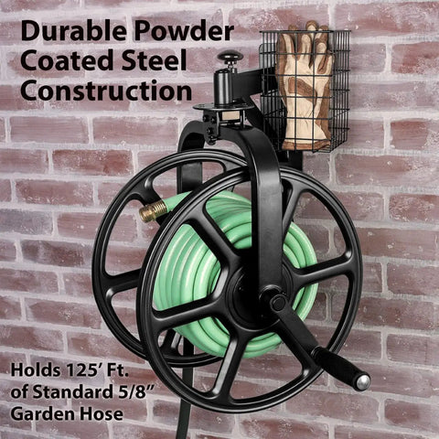Multi Directional Garden Hose Reel With 360 Degree Rotation Holds One Hundred Twenty Five Feet Of Five Eighths Inch Hose Heavy Duty Eighteen Gauge Steel Construction Bronze Powder Coat For Weather Resistance Pull Up Knob And Storage Tray Hose Not Included on wall with gloves in basket