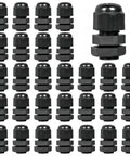 Front view of a 30-piece set of black PA66 waterproof cable glands with PG7 thread for 3–6.5mm cables.