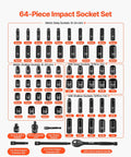 Pro Grade 3/8 Inch Drive Impact Socket Set, 64-Piece With Deep And Shallow 6 Point Sockets, SAE And Metric Sizes, CR-V Steel.