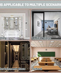 Collage of four scenarios: family home entrance, office meeting room, entertainment hallway, and school classroom.