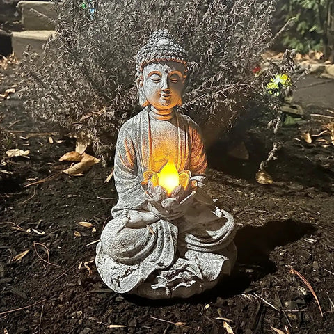 Totally Lit Glowing Lotus Buddha Statue With Solar Powered Flickering LED Garden Light for Outdoor Decor Zen Vibes Meditation Theme