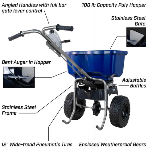 Pro Grade Salt And Ice Melt Spreader For Contractors 100 Lb Capacity Walk Behind Broadcast Spreader with spiked auger and 12 inch tires