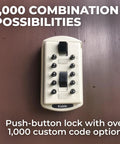 Front view of AccessPoint 001414 KeySafe Slimline Push Button Key Lock Box installed on wall, showing keypad in clay beige.