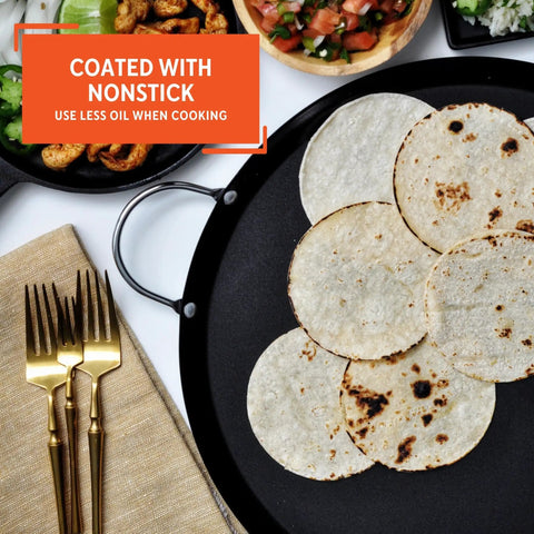 13.5 Inch Carbon Steel Nonstick Round Comal With Metal Handles Durable Black Pan cooking tortillas
