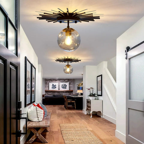 Sleek Black Flush Mount Ceiling Light With Glass Globe Sputnik Starburst 1 Light Close To Ceiling Fixture For Hallway