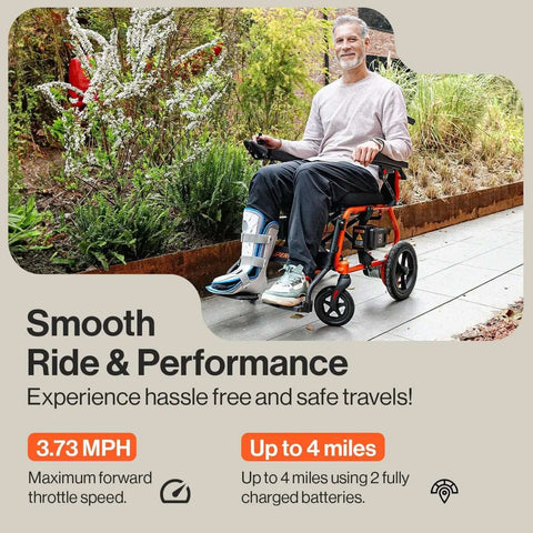 Man using GoRide 2 Electric Wheelchair Lightweight 42 Lb Foldable With Dual Brushless Motors Zero Turn Electromagnetic Brake Portable Mobility Up To 300 Lb Capacity 18.5 Inch Wide Seat Cushioned Comfort Travel Ready outdoors
