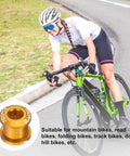 Cyclist riding a bike with Five Piece M8 Aluminum Alloy Double Chainring Bolts For Road And Mountain Bike Cranksets Gold in focus.