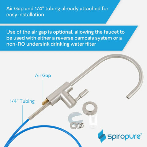 Lead Free NSF Certified Air Gap RO Faucet in Brushed Nickel, 1/4 inch tubing attached, for reverse osmosis drinking water