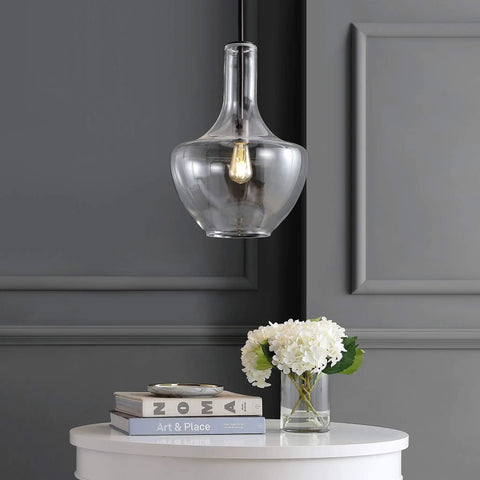 Oil Rubbed Bronze 13.25 Inch Mid Century Modern One Light LED Pendant Light Fixture With Clear Glass Shade over table