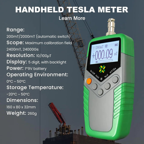 Handheld Digital Tesla Meter Gaussmeter for DC Magnetic Fields with backlit display, Model TES11A, in industrial setting