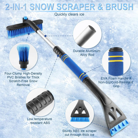 32 Inch Extendable Ice Scraper And Snow Brush For Cars And SUVs With 360 Degree Rotating Brush, PVC Bristles, EVA Grip