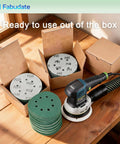 Get The Heavy Duty 5 Inch 8 Hole 150 Grit Hook Loop Sanding Discs Wet Dry For Random Orbital Sanders Perfect For Wood Drywall Metal And More In 50 Pack on a wooden table with sanding pads and sander.