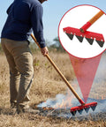 Person using Built Tough Fire Rake With 55 Inch Wood Handle For Wildland Firefighting And Garden Cleanup, Durable Rake Tool, Red head
