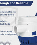 Side view of 12V 1100GPH Automatic Bilge Pump for Boats with Float Switch and Long Power Cord, showing ABS material and outlet.