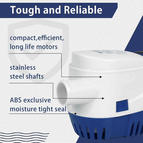 Side view of 12V 1100GPH Automatic Bilge Pump for Boats with Float Switch and Long Power Cord, showing ABS material and outlet.