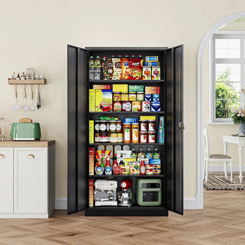 Built Tough Heavy Duty Metal Garage Storage Cabinet With Locking Doors And Adjustable Shelves, Rugged Steel Tool Cabinet For Home, Office, And Workshop, Moisture Resistant, 72 Inch Tall, Black open black steel pantry cabinet with shelves in kitchen
