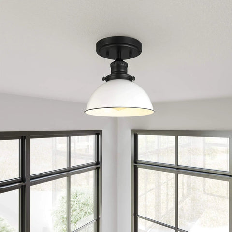 Cozy Rustic Farmhouse Ceiling Light Semi Flush Mount With Matte Black Finish And White Metal Shade Dimmable Fixture For Kitchen Hallway Or Dining Room 8x8x9 Inches installed in room setting