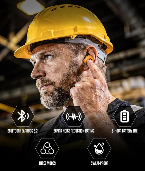 Worker wearing Electronic Shooting Ear Protection With Noise Canceling Muffs in industrial setting