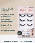 Flirt Ready Set DIY Eyelash Extensions Kit With Glue, Three Lash Sets And Applicator packaging displayed on a flat surface.