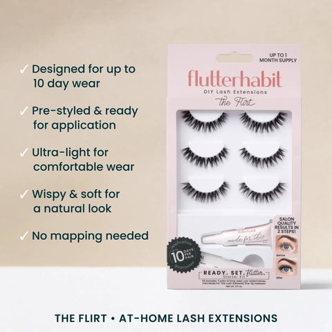 Flirt Ready Set DIY Eyelash Extensions Kit With Glue, Three Lash Sets And Applicator packaging displayed on a flat surface.