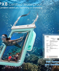 2 Pack IPX8 Waterproof Phone Pouches with Lanyards, floating underwater showing phone usable in case, coral reef background.