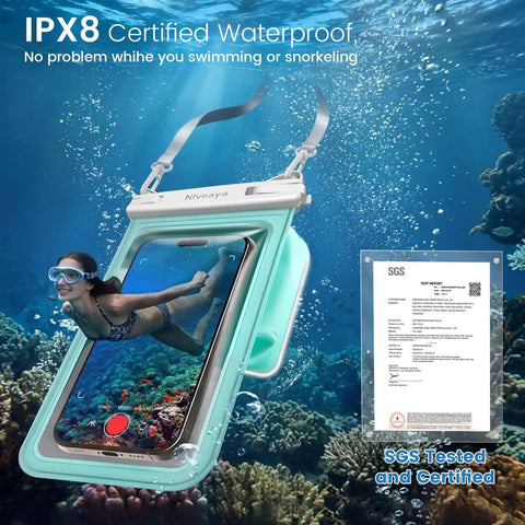 2 Pack IPX8 Waterproof Phone Pouches with Lanyards, floating underwater showing phone usable in case, coral reef background.