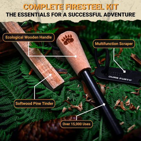 Fire Starter Survival Kit With 3 Eighth Inch Ferro Rod, Multi Tool Striker, Natural Fatwood Tinder, 15,000+ Strikes