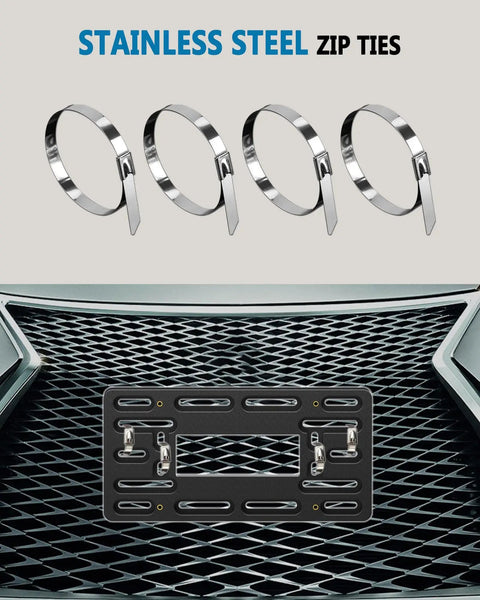 Universal Front License Plate Holder Bracket Kit With Copper Threaded Inserts Stainless Steel Zip Ties And JDM To US Adapter
