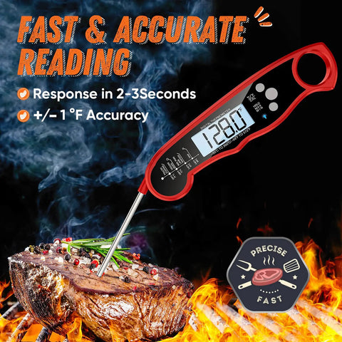 Ultra Fast Instant Read Meat Thermometer For Grill And Cooking With Backlight, Foldable Probe, Magnetic Stand, showing temperature on steak