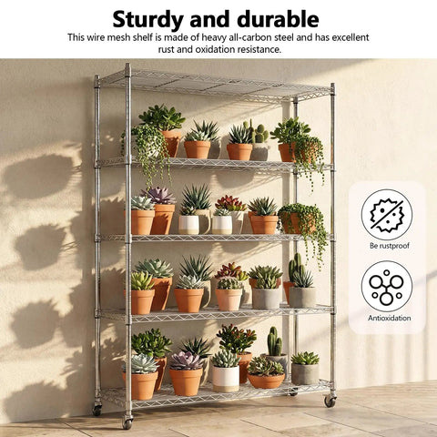 Hella Tough 5 Tier Wire Shelving Cart With Rolling Casters Adjustable Heavy Duty Storage Rack For Garage Home Shop Flex Your Space No Fuss Vertical Organization Unit displaying potted plants.