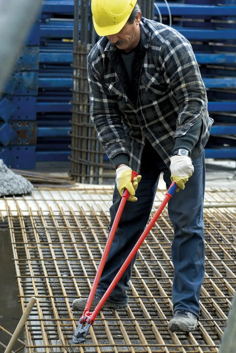 Beefy Concrete Mesh Cutter For Steel And Rebar, Heavy Duty Workhorse 37.5 Inch Length with worker cutting rebar on site
