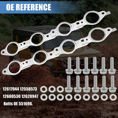 MLS Exhaust Header Manifold Gasket With Bolts For Cadillac CTS Escalade Chevy Camaro Silverado GMC Pontiac LS Engines 4.8L 5.3L 5.7L Replaces 12617944 12600530 shown with bolts and washers
