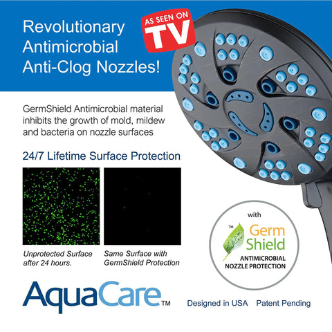 Close-up of shower head with anti-clog nozzles, featuring Antimicrobial GermShield material, part of Dope Spa Station High Pressure Rainfall And Handheld Shower Head Combo With Three Way Spray, 48 Modes, Anti Clog Nozzles, Extra Long Six Foot Stainless Steel Hose, Bronze Finish.