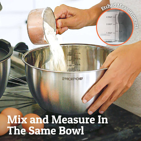 Pouring flour into stainless steel mixing bowl with etched measurements, part of Stainless Steel Mixing Bowls With Lids Set Featuring Airtight Lids And Non Slip Base, Five Nesting Bowls In 1.5 Qt, 2 Qt, 3 Qt, 4 Qt, And 5 Qt For Big Prep, Thick Durable Metal, Lifetime Durability, Dishwasher Safe Kitchen Essentials.