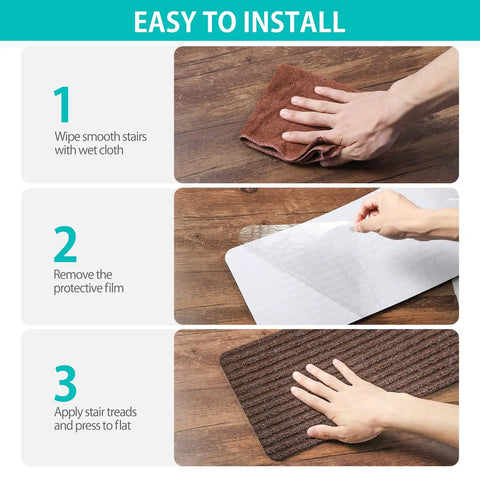 Instruction steps for applying No Slip Stair Treads 8 By 30 Inches 15 Pack With Pre Applied Adhesive Indoor Stair Carpet Runners