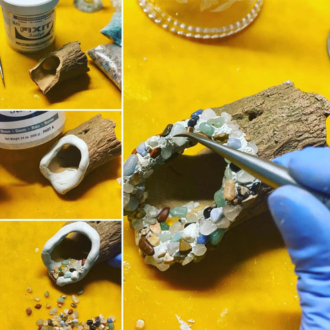 Fixit Sculpt 2 Part Epoxy Modeling And Repair Compound used to create a textured handle with stones on wood, art in progress.