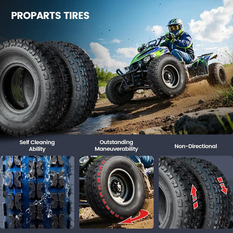 All Terrain 19x7-8 ATV Tires Set for Quad UTV Go Kart Off Road Tubeless 4 Ply 2 Pack, shown with ATV in action